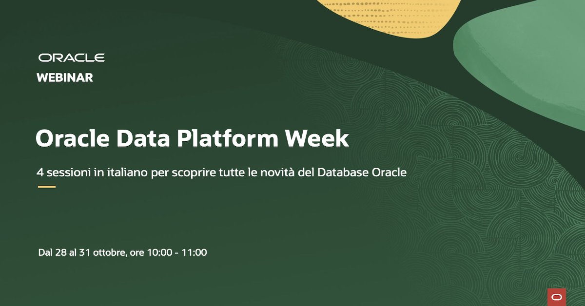 BenGreenbergNYC's tweet image. Dal 28 al 31 ottobre, nei webinar online della Oracle #DataPlatform Week,si parlerà di data #analytics con la nuova Oracle #AI Data Architecture, di Oracle #Database 23ai, di Oracle #AutonomousDatabase e molto altro.

Per saperne di più e registrarsi: social.ora.cl/6018AsYB8