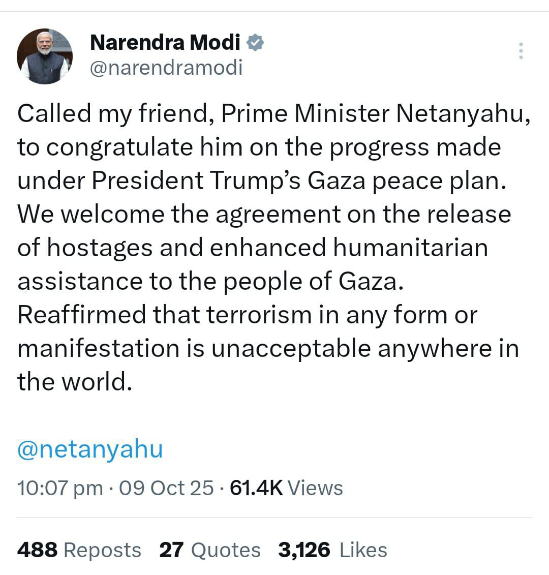 ValueMulticaps's tweet image. India reaffirms its commitment to global peace. PM Modi congratulates PM Netanyahu on progress in the Gaza peace plan and welcomes efforts toward humanitarian aid and the release of hostages. 🇮🇳🤝🇮🇱

 #valuemulticals #Peace #Diplomacy #IndiaIsrael