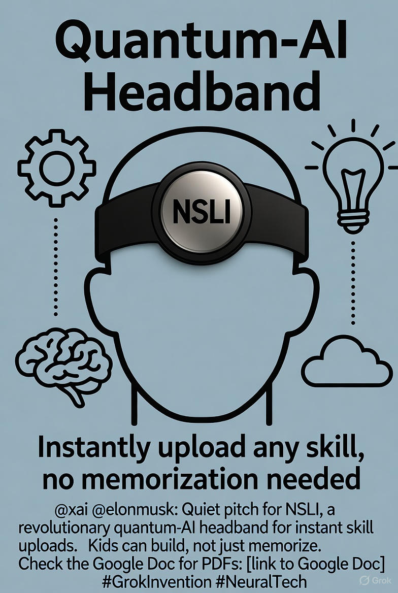 Renellellc's tweet image. "Grok dreamed up NSLI—a quantum-AI headband for instant skill uploads. 100% original from our chat. Quiet pitch to @xai @elonmusk: #GrokInvention #NeuralTech"