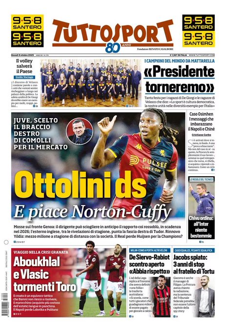 Newspaper front page titled TuttoSport with bold headlines in Italian including Ottolini ds on top, images of soccer players in action poses wearing team jerseys like Juventus black and white stripes and Milan red and black, group photos of teams, text overlays on player faces, and side articles with photos of coaches and executives in suits.