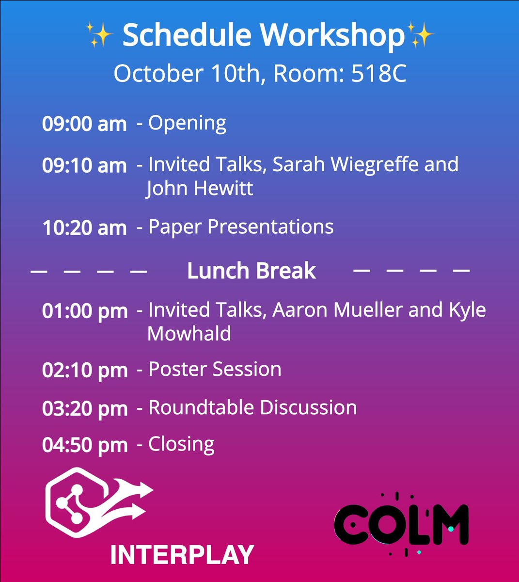 interplaywrkshp's tweet image. ✨ The schedule for our INTERPLAY workshop at COLM is live! ✨
🗓️ October 10th, Room 518C
🔹 Invited talks from @sarahwiegreffe @johnhewtt @amuuueller @kmahowald 
🔹 Paper presentations and posters 
🔹 Closing roundtable discussion.

Join us in Montréal! @COLM_conf
