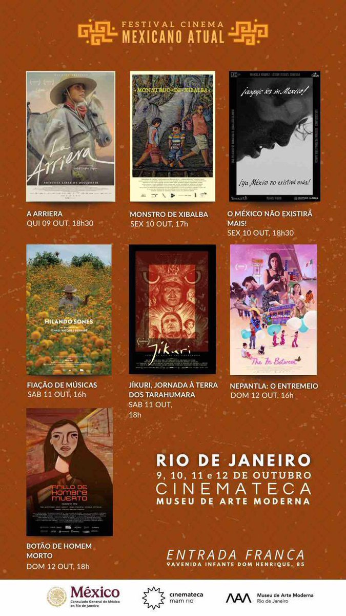 ConsulMexRio's tweet photo. Hoy empieza el ciclo de cine mexicano actual “Fuego nuevo”, iniciativa de @ConsulMexRio @EmbaMexBra y @ConsulMexSao La Cinemateca del Museo de Arte Moderno, lugar que hospedó la Cumbre de Líderes del #G20, será la primera de muchas sedes en 🇧🇷 
#cinemexicano
#DiplomaciaCulturalMX https://t.co/po3hJJM6Zi