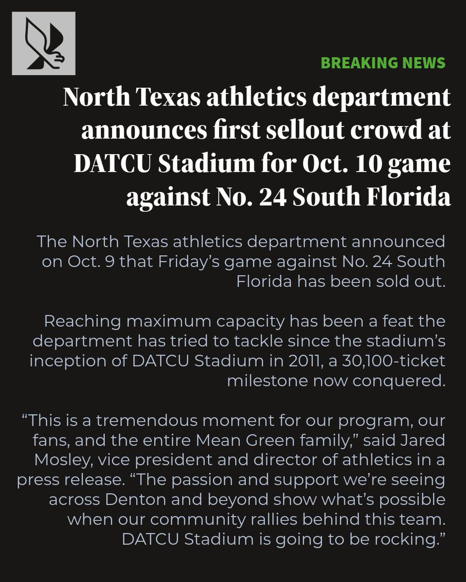 BREAKING: North Texas athletics department announces first sellout crowd at DATCU Stadium for Oct. 10 game against No. 24 South Florida 

Read here: buff.ly/w8Z4XJW