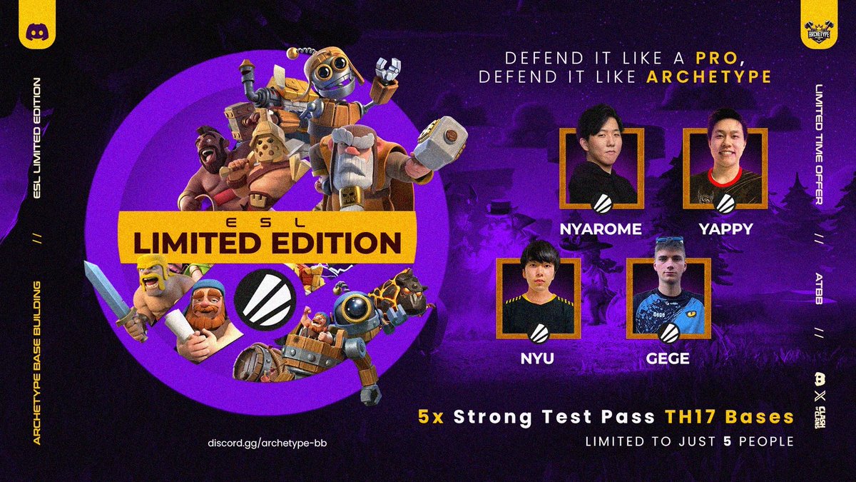 🏠 LIMITED ESL BASE PACK 🏠

5x tested ESL bases built by
🇯🇵 <a href="/NYAROME_coc/">Nyarome</a> 
🇯🇵 nyu
🇺🇸 <a href="/Brandonyap293/">SG Yappyboy</a> 
🇱🇺 <a href="/gege_coc/">Gege</a> 

Limited to just 5 people, order now at
discord.gg/archetype-bb 🫶🏼
