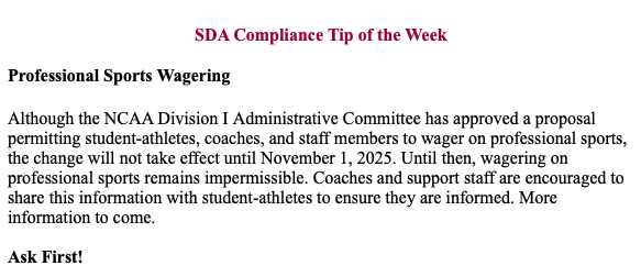 Great opportunity for us to remind our staff and student-athletes that while it appears the NCAA rules will allow us to bet on professional sports starting November 1, we still cannot do so now. 

So for the time being, #DontBetOnIt <a href="/TheSunDevils/">Arizona State Sun Devils</a>!

#AskFirst