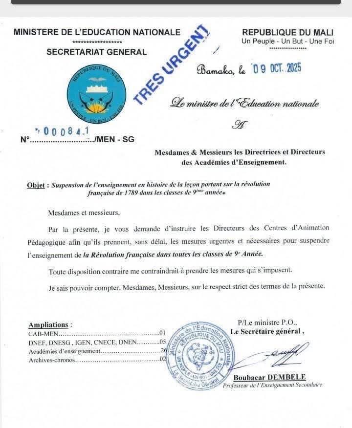 MaliTransition's tweet image. 🚨🇲🇱Le Ministère de l&apos;éducation annonce la Suspension de l&apos;enseignement en Histoire de la leçon sur *La Révolution Française 🇫🇷de 1789* dans toutes les classes de la 9ème Année.