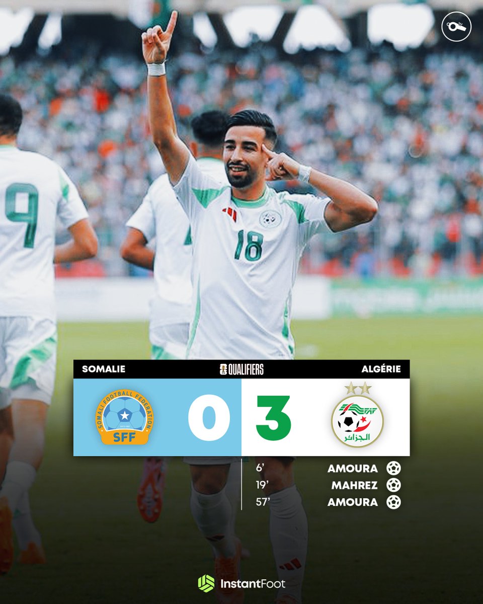 ⏱️ 𝗧𝗘𝗥𝗠𝗜𝗡𝗘́ ! 𝗟’𝗔𝗟𝗚𝗘́𝗥𝗜𝗘 𝗦’𝗜𝗠𝗣𝗢𝗦𝗘 𝟯-𝟬 𝗙𝗔𝗖𝗘 𝗔̀ 𝗟𝗔 𝗦𝗢𝗠𝗔𝗟𝗜𝗘 𝗘𝗧 𝗦𝗘 𝗤𝗨𝗔𝗟𝗜𝗙𝗜𝗘 𝗣𝗢𝗨𝗥 𝗟𝗔 𝗖𝗢𝗨𝗣𝗘 𝗗𝗨 𝗠𝗢𝗡𝗗𝗘 𝟮𝟬𝟮𝟲 ! 🇩🇿✅ 

🔥 Mohammed Amoura s’est offert un 𝗗𝗢𝗨𝗕𝗟𝗘 ! ⚽️⚽️

🌟Riyad Mahrez a également brillé en