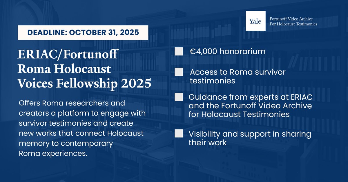 The ERIAC/FVAHT Roma Holocaust Voices Fellowship returns in 2025, offering Roma researchers and creators a platform to engage with survivor testimonies and create new works that connect Holocaust memory to contemporary Roma experiences.

More: bit.ly/romavoices2025