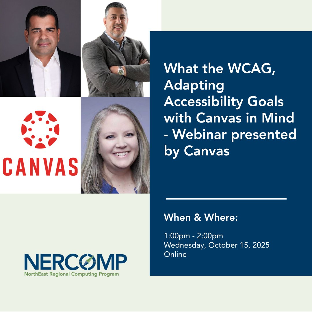 NERCOMP's tweet image. As technology shifts, the goals remain the same - everyone should have the right access to technology for learning and development.
How has Canvas worked to tackle this challenge and align with WCAG requirements? Register for our webinar to find out. bit.ly/4nGGjvE