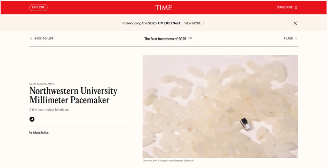 ProfJohnARogers's tweet image. That’s nice – our millimeter scale pacemaker was chosen as one of TIME&apos;s 2025 Best Inventions (time.com/collections/be…), announced this morning. The peer-reviewed paper on our technology is at the link below. Big thanks to the entire team for their incredible efforts on this…