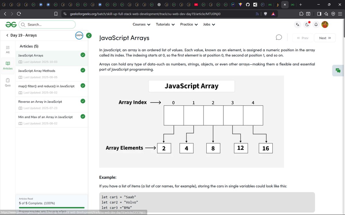 mohd_safee7's tweet image. 📅 Day 19/60 – Full Stack Web Development

📷 Today I learned : Arrays in JS
Course Link: geeksforgeeks.org/batch/skill-up…

#skillupwithgfg #nationskillup #FullStackDevelopment #geeksforgeeks