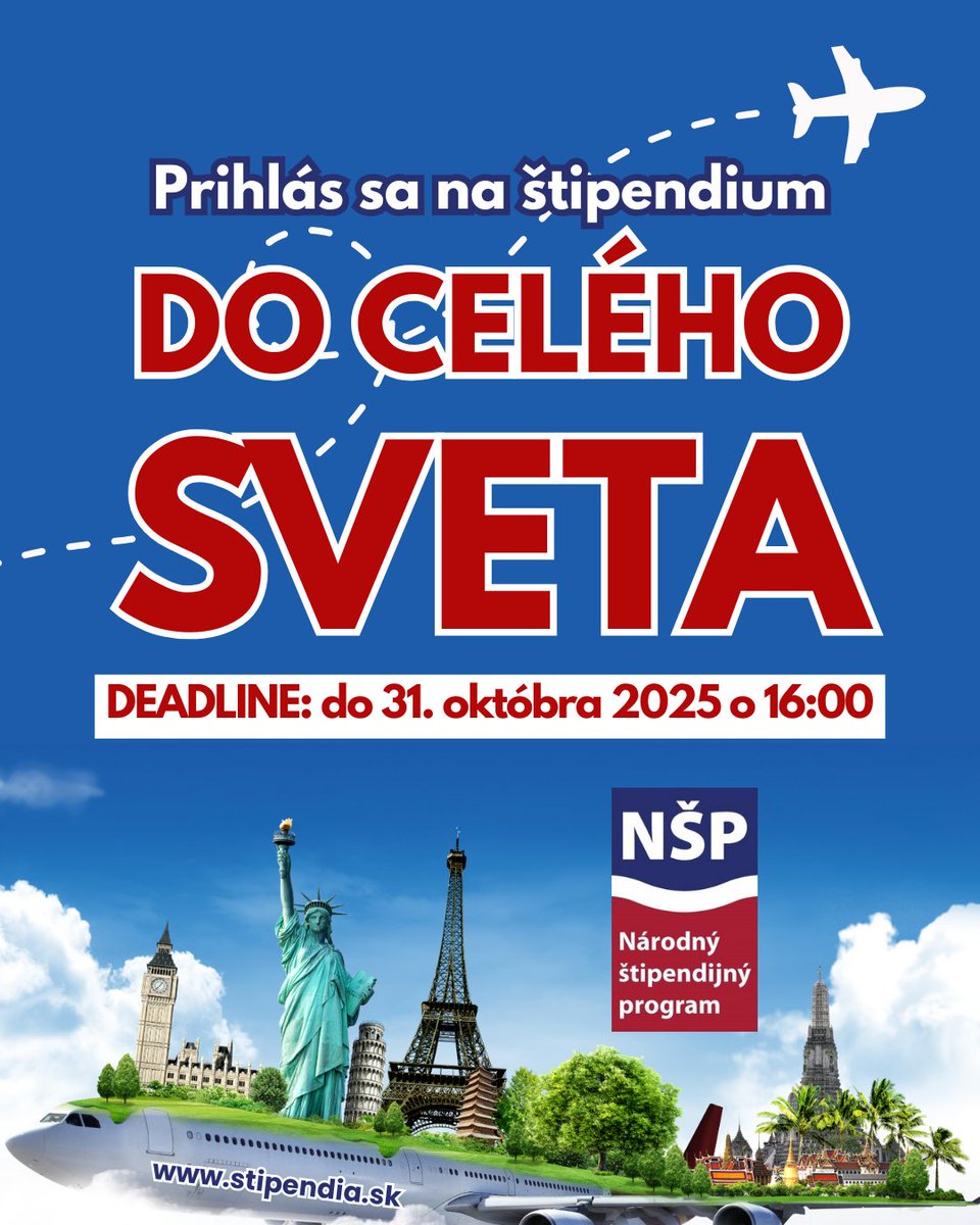 Požiadaj o ŠTIPENDIUM NŠP a vycestuj do ktorejkoľvek krajiny sveta! Uzávierka prihlášok na pobyty v letnom semestri 2025/26: 31. 10. 2025 do 16:00 h
O štipendiá sa môžu uchádzať:študenti VŠ, doktorandi, postdoktorandi. Viac info stipendia.sk
#NSP #stipendium #mobility