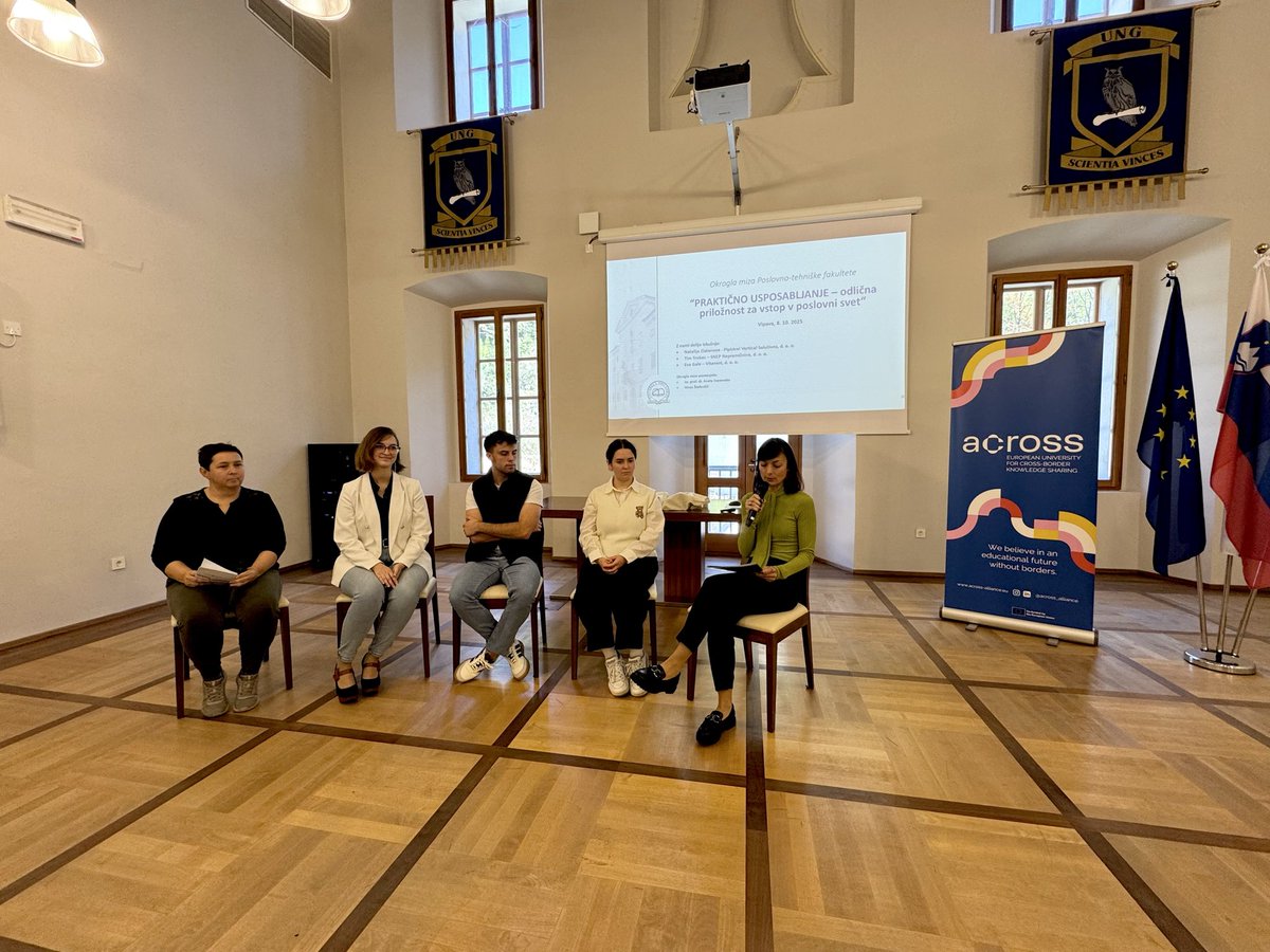 Na UNG je včeraj potekala okrogla miza »Praktično usposabljanje – odlična priložnost za vstop v poslovni svet«.

Študenti PTF so z dijaki delili izkušnje iz podjetij Pipistrel Vertical Solutions, SNEP Nepremičnine in Vitanest.