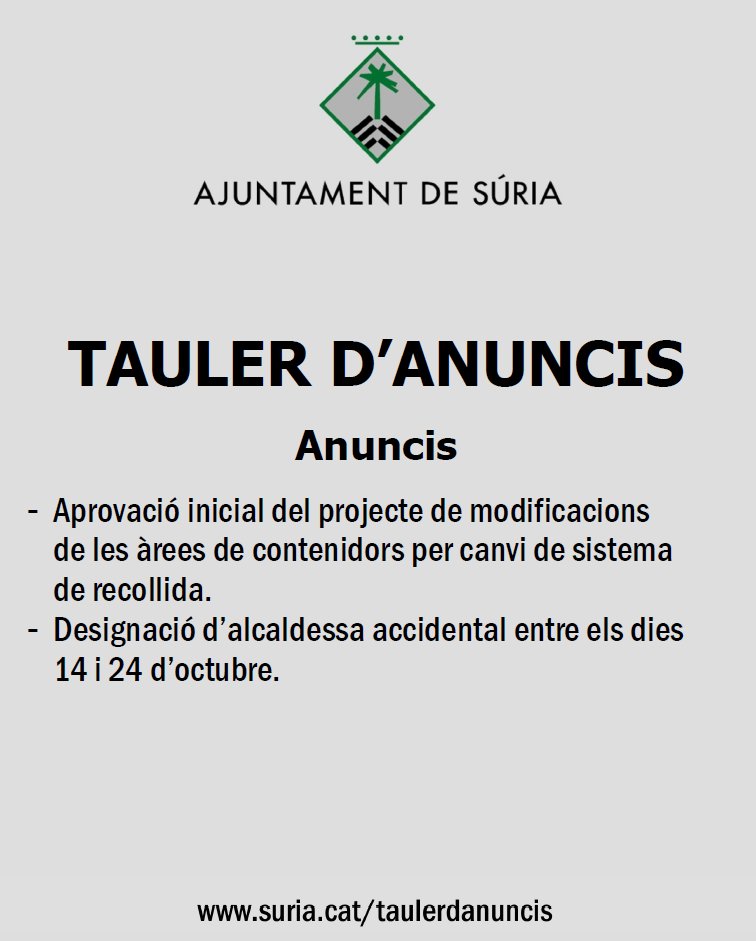 Avisos del tauler d'anuncis.
suria.cat/taulerdanuncis