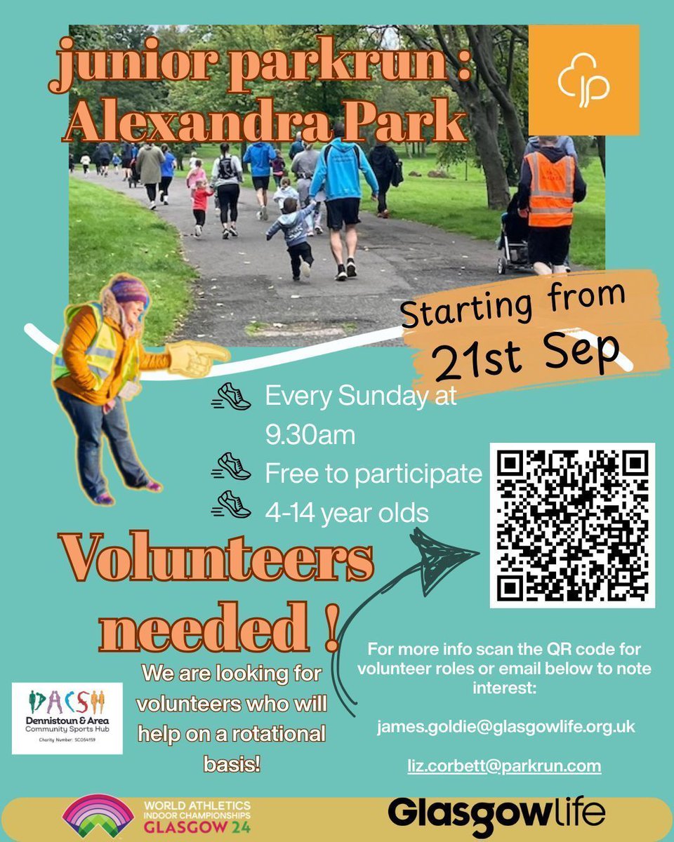 Volunteers make it happen! 🏃♀️💛
Junior Parkrun at Alexandra Park needs YOU to keep the fun going every Sunday. A little time makes a big impact. Sign up &amp; support your community! #Volunteer #JuniorParkrun #Glasgow
