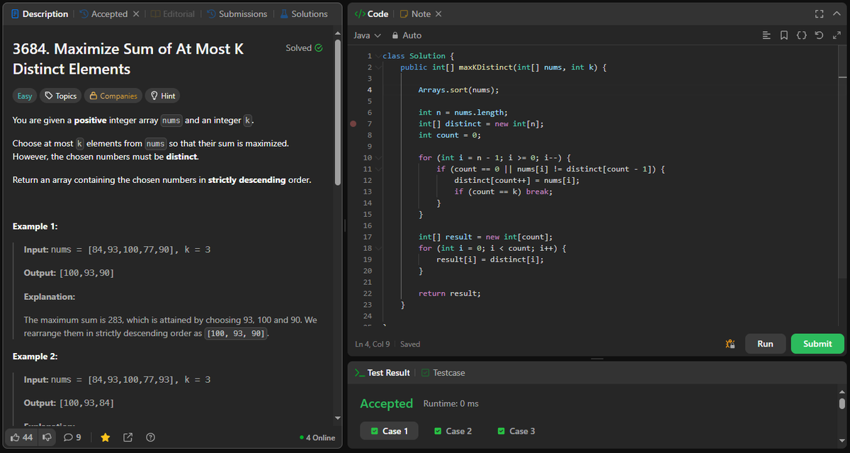 coder_s_Snippet's tweet image. #DailyCodingChallenge
Day 218
Task: Select at most k distinct elements from an array to achieve the maximum possible sum.
Solution: Sort the array in descending order, pick unique elements until reaching k, and return them in strictly decreasing order.
#LeetCode