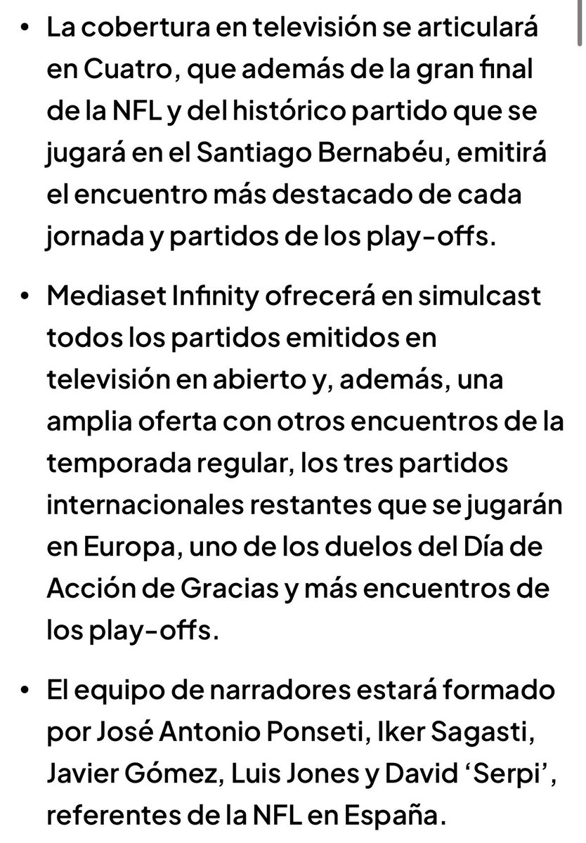 🚨 COMUNICADO PRENSA <a href="/mediasetcom/">Mediaset España</a> 🚨 Se alía con DAZN y ofrecerá en abierto los principales partidos de la NFL, incluido el histórico 2025 NFL Madrid y la Súper Bowl LX.

📺 Se emitirá en <a href="/cuatro/">Cuatro</a> con <a href="/PonsetiRadio/">Jose Antonio Ponseti</a>, <a href="/sagastiker/">Iker Sagasti</a>, <a href="/javigomezTV/">Javi Gómez</a>, <a href="/luisvjones/">Luis Jones Dougan</a> y David ‘Serpi’. 🙌🏽