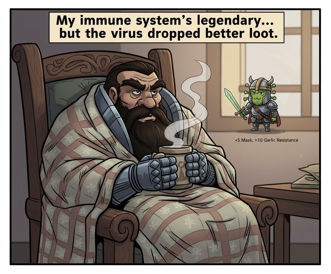 hourglassworld's tweet image. 🥶 “Got debuffed by a common cold… but hey, the virus had epic drops.”
+5 Blanket, +10 Tea Resistance ☕️🧣
#GamingHumor #RPGLife #DwarfSaga
