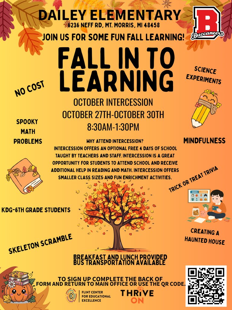 🍂 Fall into Learning Intercession Invitation 🍂
Students and approved parents are invited to our Fall into Learning Intercession—a joyful blend of learning and community fun! Dive into exciting activities in reading, science, and math.