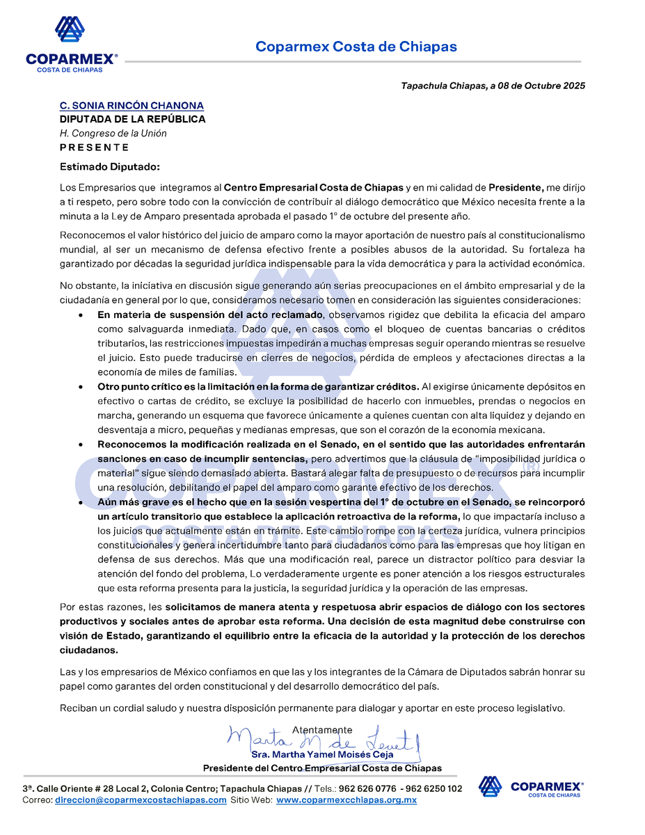 coparmexcostac's tweet photo. 🔵 Diputada @soniarincon_ch 

Desde #Coparmex hacemos un llamado a no aprobar la reforma a la #LeyDeAmparo en sus actuales términos, especialmente por el art. transitorio que permitiría la retroactividad. No podemos dejar indefensos a ciudadanos y empresas ante actos arbitrarios https://t.co/hvqaDqbpre