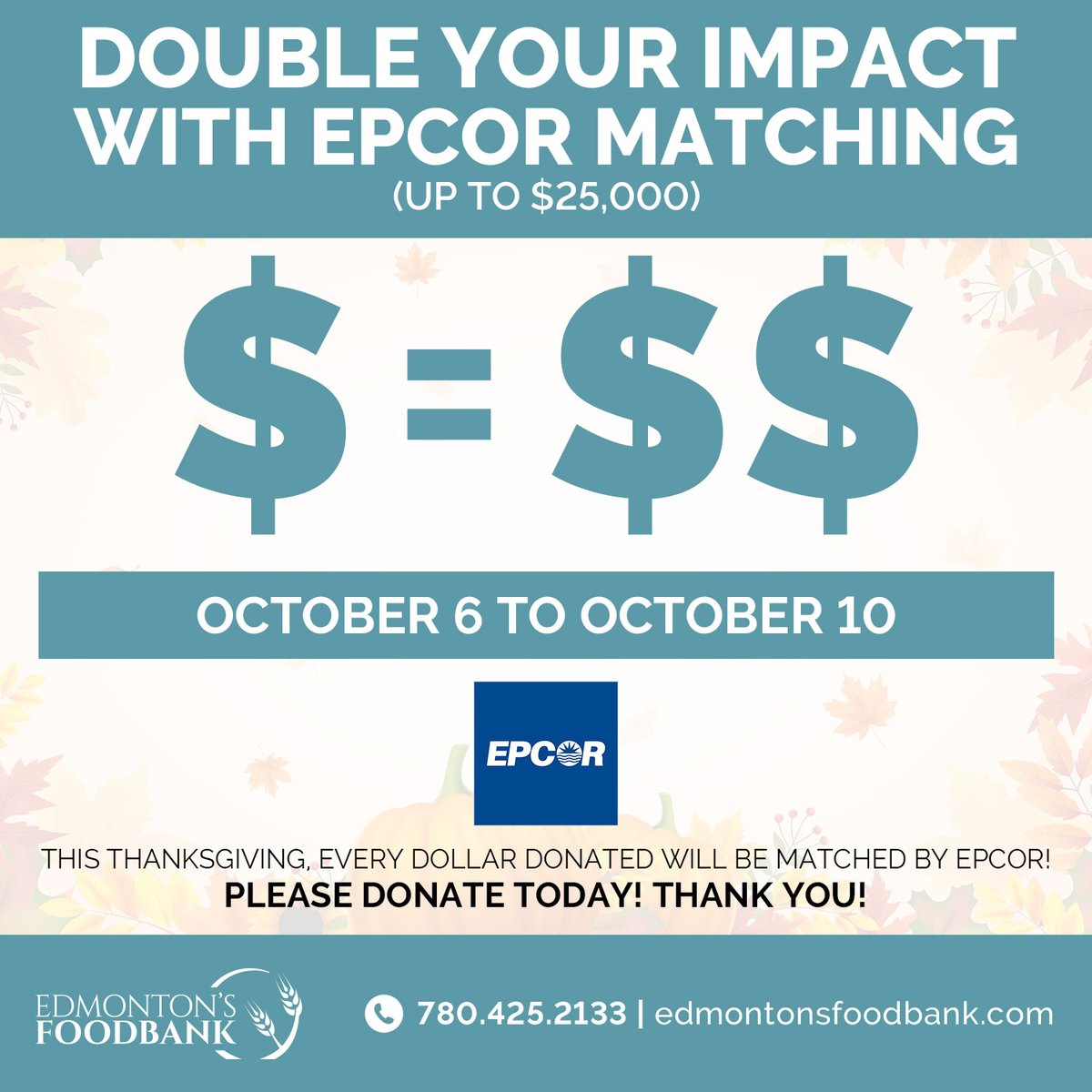 yegfoodbank's tweet image. TWO DAYS REMAIN TO DOUBLE YOUR IMPACT WITH EPCOR MATCHING! 

Through Friday, @EPCOR is powering up to match up to $25,000 in donations to help Edmonton&apos;s Food Bank!

DOUBLE YOUR IMPACT WITH EPCOR MATCHING! Please donate today! Thank YOU! #yeg #edmonton 

loom.ly/RNI9ykE