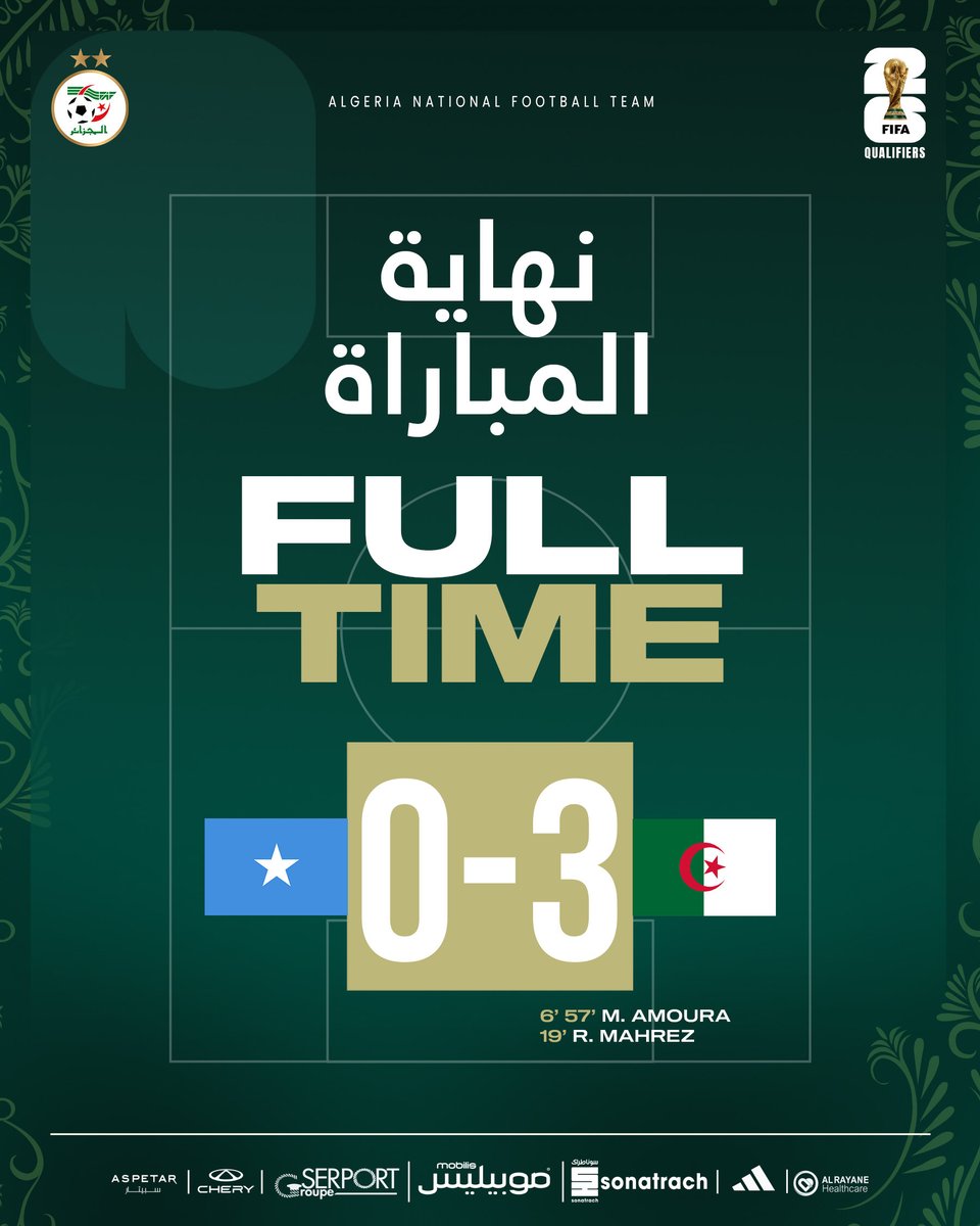 LesVerts's tweet photo. FULL TIME | نهاية المباراة

عودة الخضر إلى المونديال 🌍💪
#LesVerts⭐⭐ | #123vivalAlgérie🇩🇿 https://t.co/Tjs7wk0zlv