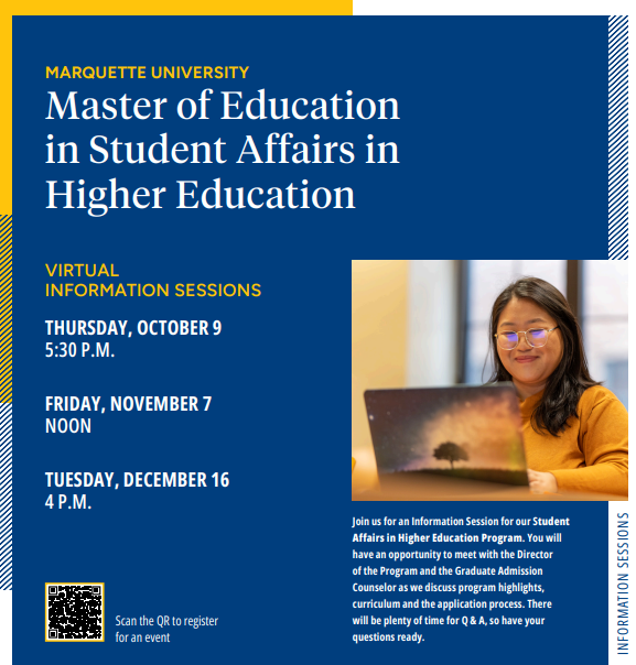 It's not too late to sign up for our first SAHE info session tonight! If you can't make it tonight, there are two more sessions this semester. Find out more and register: marquette.edu/grad/programs-…