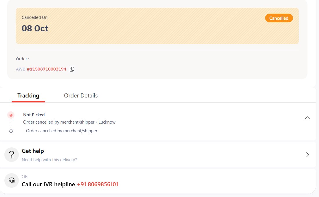 cscon_'s tweet image. Hi ! @delhivery I sent out a packet to one of my customer which got picked up late by your agent, but now it shows cancelled by merchant, while I have not cancelled anything. Please make sure my packet reaches to its destination/ customer else I will seek legal help. Please help.