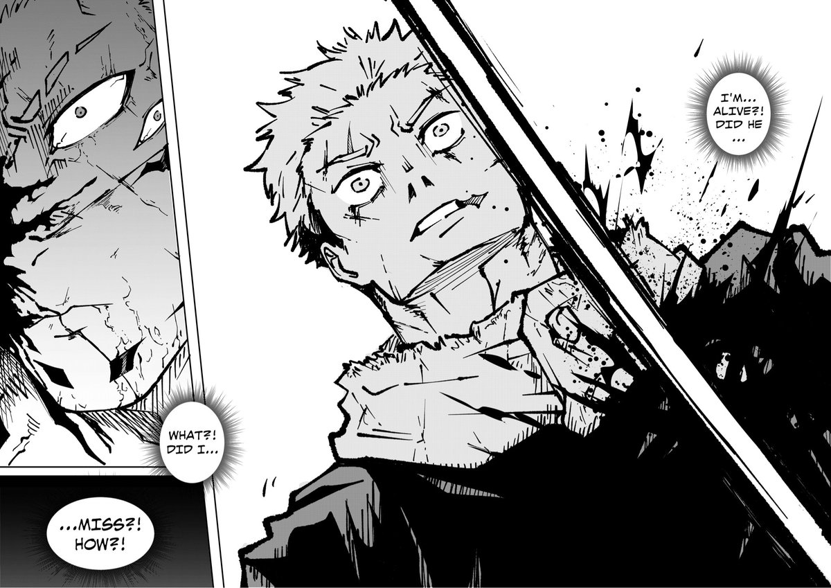 Chapter 7, Pages 13-14!! World Cutting Dismantle lands!! But... its not an instant kill? Sukuna somehow missed and Yuji is just as shocked as him!