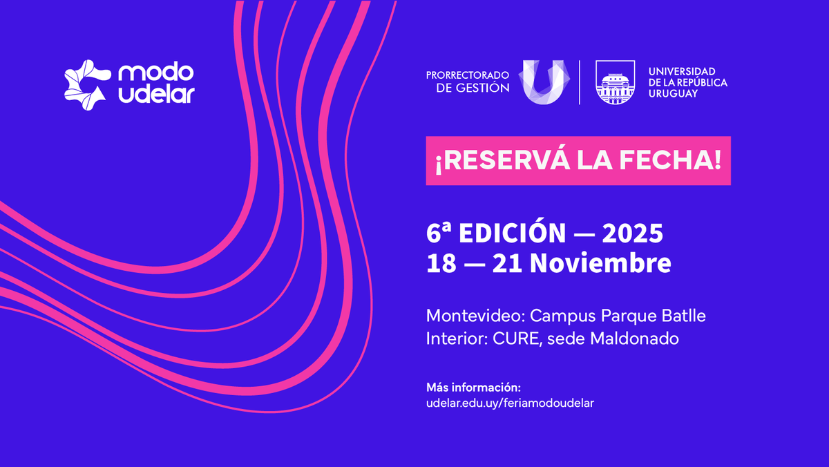 ¡Reservá la fecha! Llega la VI Feria Modo Udelar.

➕100 propuestas para intercambiar experiencias de transformación y mejora de la gestión universitaria.

📍 Campus Parque Batlle y CURE Sede Maldonado

📅 Del 18 al 21 de noviembre

¡Te esperamos! #ModoUdelar2025
