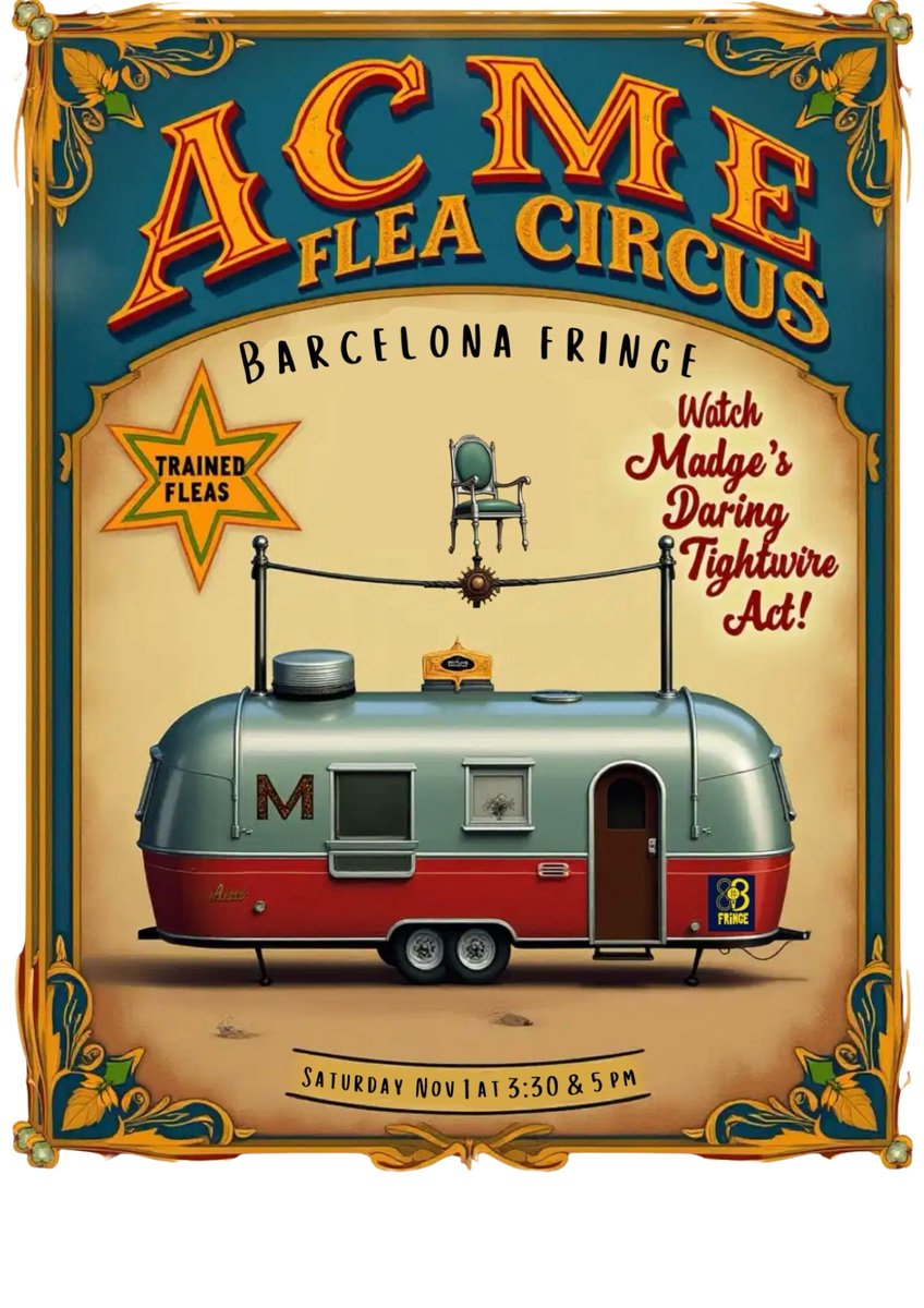 The Acme Flea Circus  is coming back to Barcelona for two shows only!  Nov  1 at 3:30 / 5 pm.  
🏎️ Thrill to the chariot race!
📚 Learn mindblowing flea facts!
🎢 Hold your breath for the deathdefying finale!

🎟️ Tickets: €14 /€9 kids
🎟️ Get yours now: tinyurl.com/fleacircusbcn2…