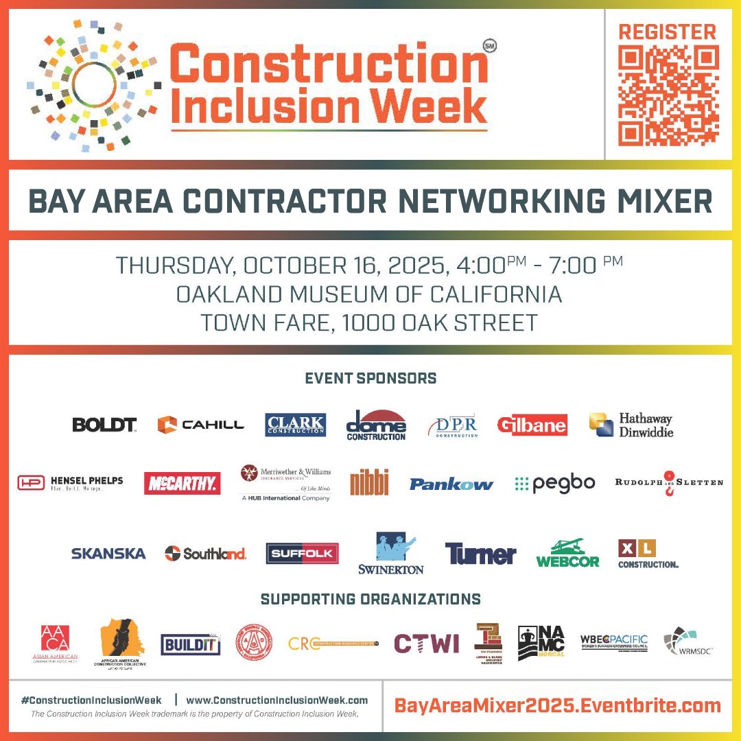 Join us for the Bay Area Contractor Networking Mixer during Construction Inclusion Week!
 
Thurs Oct 16 2025
4–7 PM
Town Fare at Oakland Museum of California.
 
Let’s build relationships that move the Bay Area forward!
 
Register now: BayAreaMixer2025.Eventbrite.com