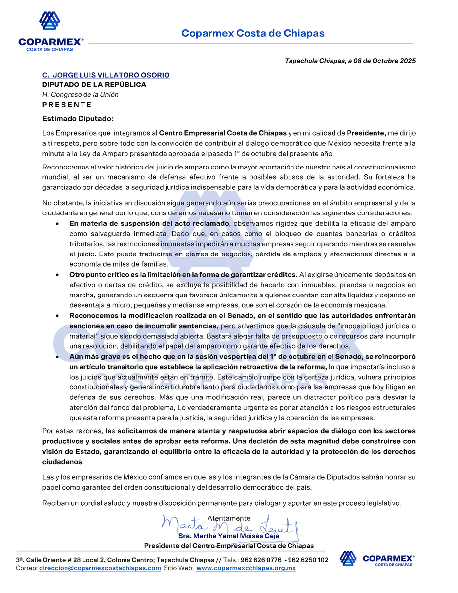 coparmexcostac's tweet photo. 🔵 Diputado @Dip_Villatoro 
Desde #Coparmex hacemos un llamado a no aprobar la reforma a la #LeyDeAmparo en sus actuales términos, especialmente por el art. transitorio que permitiría la retroactividad. No podemos dejar indefensos a ciudadanos y empresas ante actos arbitrarios https://t.co/bBFVvZkh5f