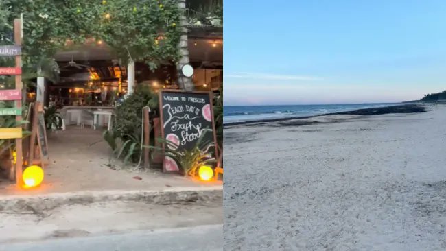 La imagen dividida muestra el lado izquierdo con un área de restaurante al aire libre frente a la playa con letreros de madera, uno con pizarra que dice Tacos algo en rosa, rodeado de plantas verdes, luces colgantes, calabazas y mesas bajo un techo de paja. El lado derecho representa una amplia playa de arena con olas del océano bajo un cielo azul claro al anochecer, una extensión vacía sin personas ni estructuras visibles.