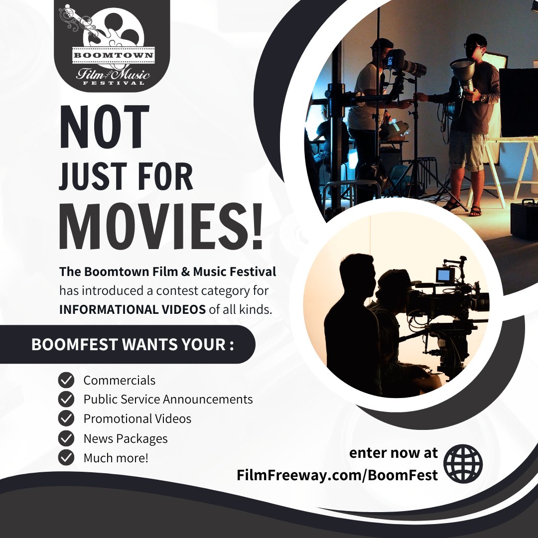 Don't forget that the Boomtown Film &amp; Music Festival has begun accepting "Informational Videos."  Entries are being accepted right now at FilmFreeway.com/BoomFest #filmtvbmt #filmtvsetx #filmfestival  #commercials #PSA #industrialvideo #informationalvideo #corporatevideo