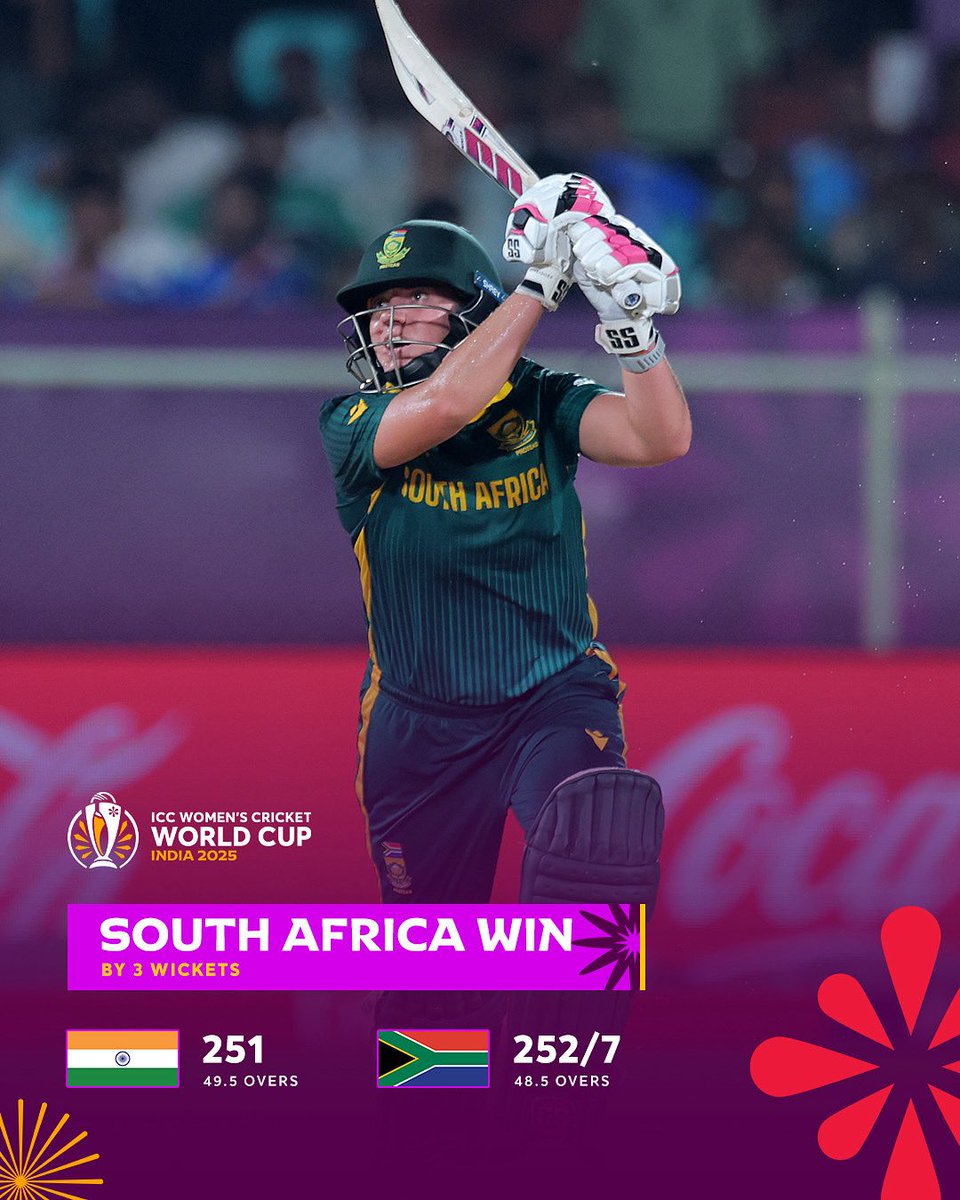 Nadine de Klerk does it for South Africa as they defeat hosts India in a contest that went down to the wire in Visakhapatnam 🔥

#CWC25 #INDvSA 📝: icc-cricket.com/tournaments/wo…