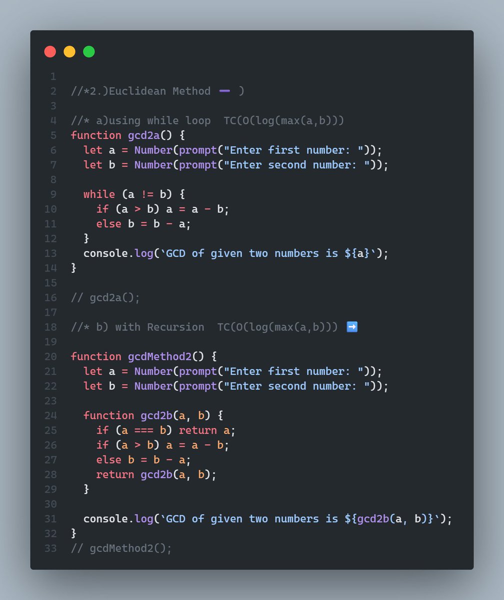 JKNishad119301's tweet image. 3 Ways to Solve It:
1️⃣ For Loop → O(min(a,b))
2️⃣ Euclidean (While + Recursion) → O(max(a,b))
3️⃣ Optimized Recursive → O(log n)
🧠 Logic: GCD(a, b) = GCD(b, a % b)
Recursion makes maths elegant!
#100DaysOfDSA #CodeNewbie #RecursionMagic #JK_Nishad