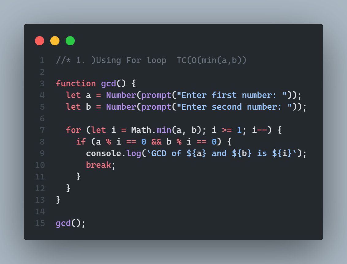 JKNishad119301's tweet image. 3 Ways to Solve It:
1️⃣ For Loop → O(min(a,b))
2️⃣ Euclidean (While + Recursion) → O(max(a,b))
3️⃣ Optimized Recursive → O(log n)
🧠 Logic: GCD(a, b) = GCD(b, a % b)
Recursion makes maths elegant!
#100DaysOfDSA #CodeNewbie #RecursionMagic #JK_Nishad