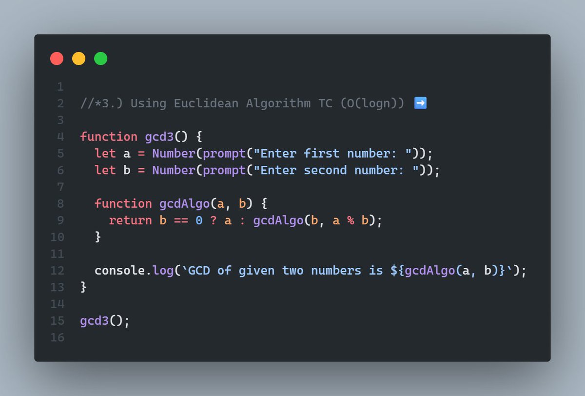 JKNishad119301's tweet image. 3 Ways to Solve It:
1️⃣ For Loop → O(min(a,b))
2️⃣ Euclidean (While + Recursion) → O(max(a,b))
3️⃣ Optimized Recursive → O(log n)
🧠 Logic: GCD(a, b) = GCD(b, a % b)
Recursion makes maths elegant!
#100DaysOfDSA #CodeNewbie #RecursionMagic #JK_Nishad
