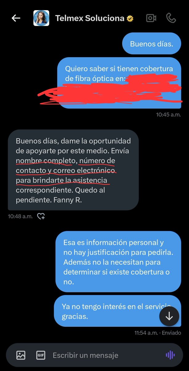 CesarShzR's tweet photo. @TELMEXSoluciona No necesitas pedir información personal para indicarme si existe o no cobertura de tu servicio en mi domicilio. Te brindé el domicilio completo y eso debería ser suficiente. https://t.co/J04IwYlqv4