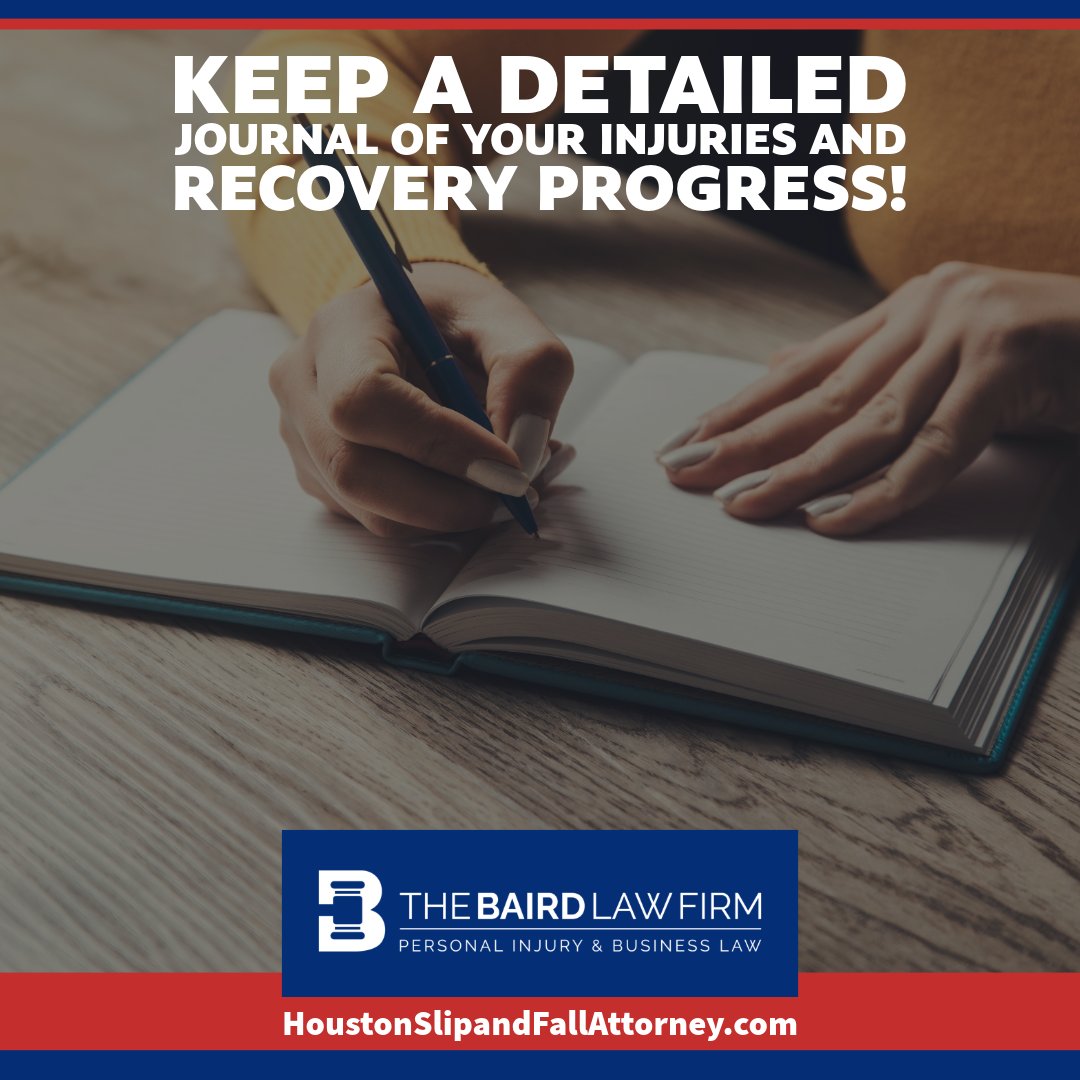 TheBairdLawFirm's tweet image. 📝 Keep a detailed journal of your injuries and recovery progress!

The Best Slip and Fall Attorney in Houston: houstonslipandfallattorney.com

🛡️ We guide you through the legal process with expert care.

#InjuryJournal #HoustonLawyer #SlipAndFallHelp #Leg...