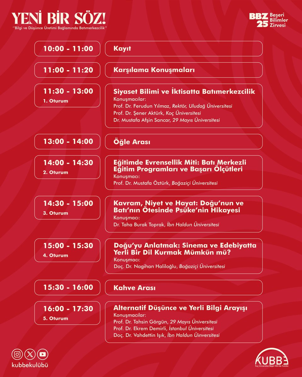 📢Beşeri Bilimler Zirvesinin konuşmacı listesi ve program akışını sizlerle paylaşmaktan büyük memnuniyet duyuyoruz!

Başvurular için ➡️ forms.gle/53Zh5rjN9ZDJXX… 

"Yeni Bir Söz" vurgusuyla hazırlandığımız zirvede 25 Ekim Cumartesi günü yeni sorulara, yeni kavramlara ilham verecek