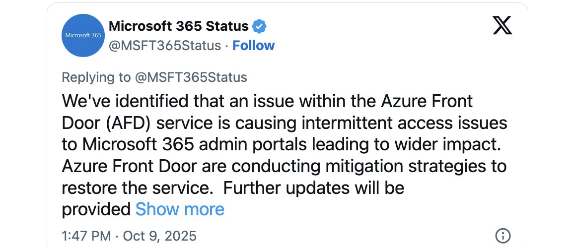 🚨 #Azure Outage Impact
#Microsoft suffered a major Azure Front Door (AFD) disruption that knocked out access to Microsoft 365, Azure, and Entra admin portals — with users across Europe, Africa &amp; the Middle East hit hardest. 🌍
🧩 The issue stemmed from capacity loss in AFD