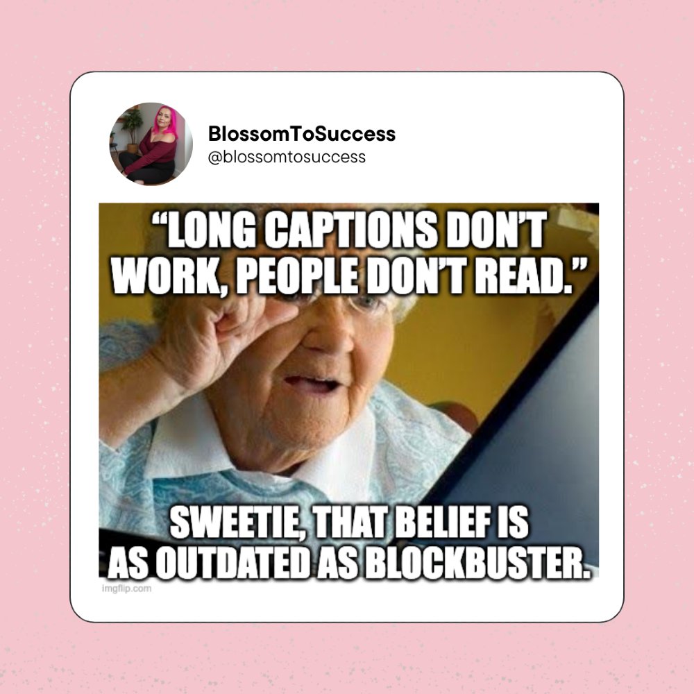 BlossomToSucces's tweet image. ‘Nobody reads long captions.’
Yeah, and nobody rents VHS tapes anymore either. 📼✨

Long-form content works when it’s valuable. Stop blaming the caption length and start checking the substance.

#ContentThatConverts #SocialMediaTruths #ByeBlockbuster