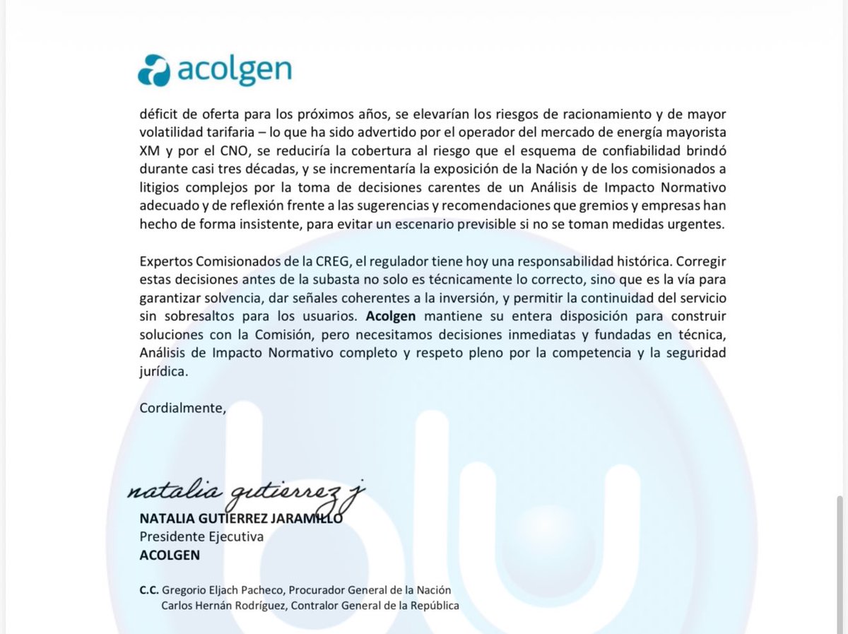 Atención: <a href="/Acolgen/">ACOLGEN</a> envía una dura carta a los comisionados de la <a href="/comisioncreg/">@ComisionCREG</a> en la que advierte que si no se toman medidas urgentes, estaremos ad portas de repetir un racionamiento de energía eléctrica como el vivido en 1992. Vía <a href="/UltimaHoraBLU/">Última Hora BluRadio</a> <a href="/BluRadioCo/">BluRadio Colombia</a>