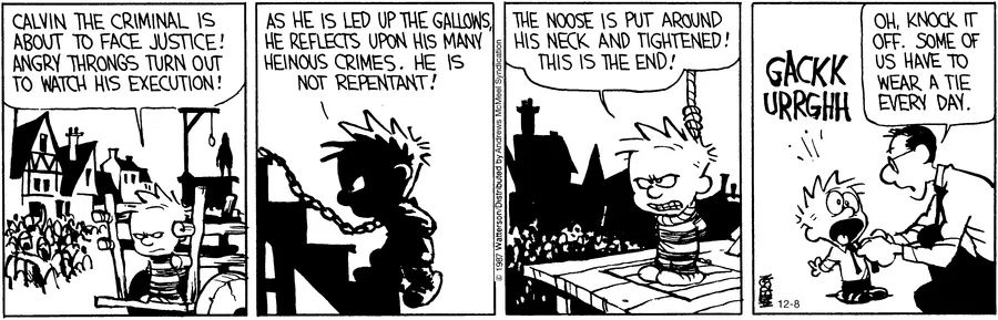Calvinn_Hobbes's tweet image. Calvin discovers ties and gallows share a vibe; Dad is not amused. #CalvinAndHobbes #DadLife #DressCode