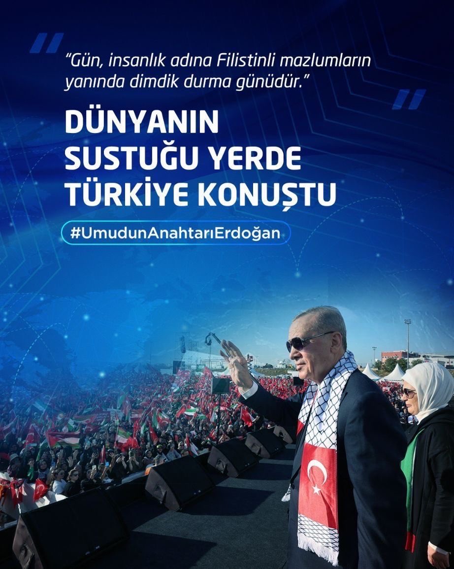 Dünyanın sustuğu yerde Türkiye konuşur.

"Sesimizle, sözümüzle, dualarımızla, insani yardımlarımızla, elimizdeki tüm imkanlarla Gazze'nin, Filistinli kardeşlerimizin yanındayız!"

Adalet, barış ve özgür Filistin için sesimizi yükseltmeye devam edeceğiz.

#UmudunAnahtarıErdoğan🇹🇷