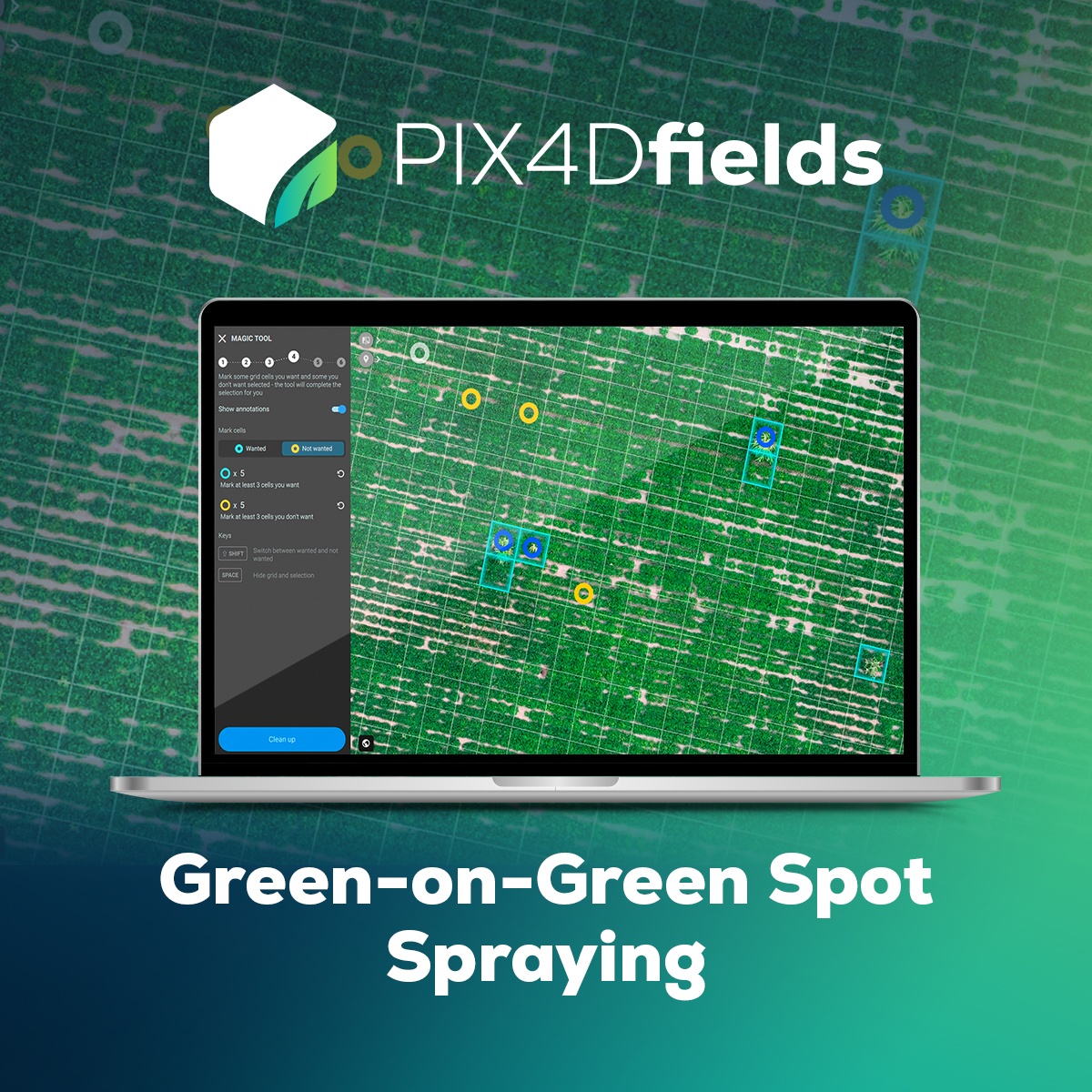 Pix4D_AG's tweet image. Get your free #PIX4Dfields Green-on-Green dataset today!
Discover how easy it is to instantly spot every weed on your field with the Magic Tool, our AI-assisted feature. Create precise spot spraying maps and upload them directly to your machinery! pix4d.com/pix4dfields-he…