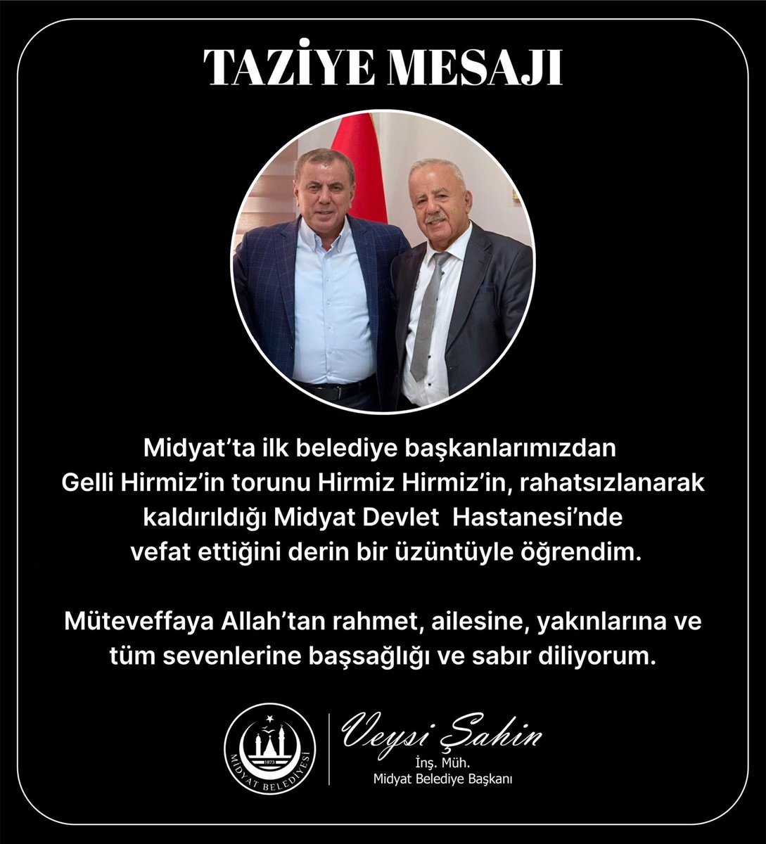 Midyat’ta ilk belediye başkanlarımızdan Gelli Hirmiz’in torunu Hirmiz Hirmiz’in, rahatsızlanarak kaldırıldığı Midyat Devlet Hastanesi’nde vefat ettiğini derin bir üzüntüyle öğrendim.

Müteveffaya Allah’tan rahmet, ailesine, yakınlarına ve tüm sevenlerine başsağlığı ve sabır