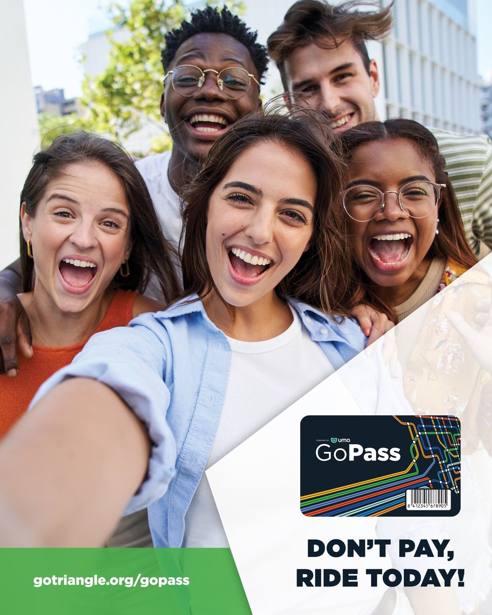 GoTriangle's tweet image. Don't pay — ride today with your college/university GoPass!

Sign up &amp;amp; activate your Gopass for free transit in the Triangle.

1️⃣ Install the Umo App
2️⃣ Get your code from your school
3️⃣ Scan + ride for free

👉 gotriangle.org/gopass 
#GoPass #PublicTransit #TriangleTDM